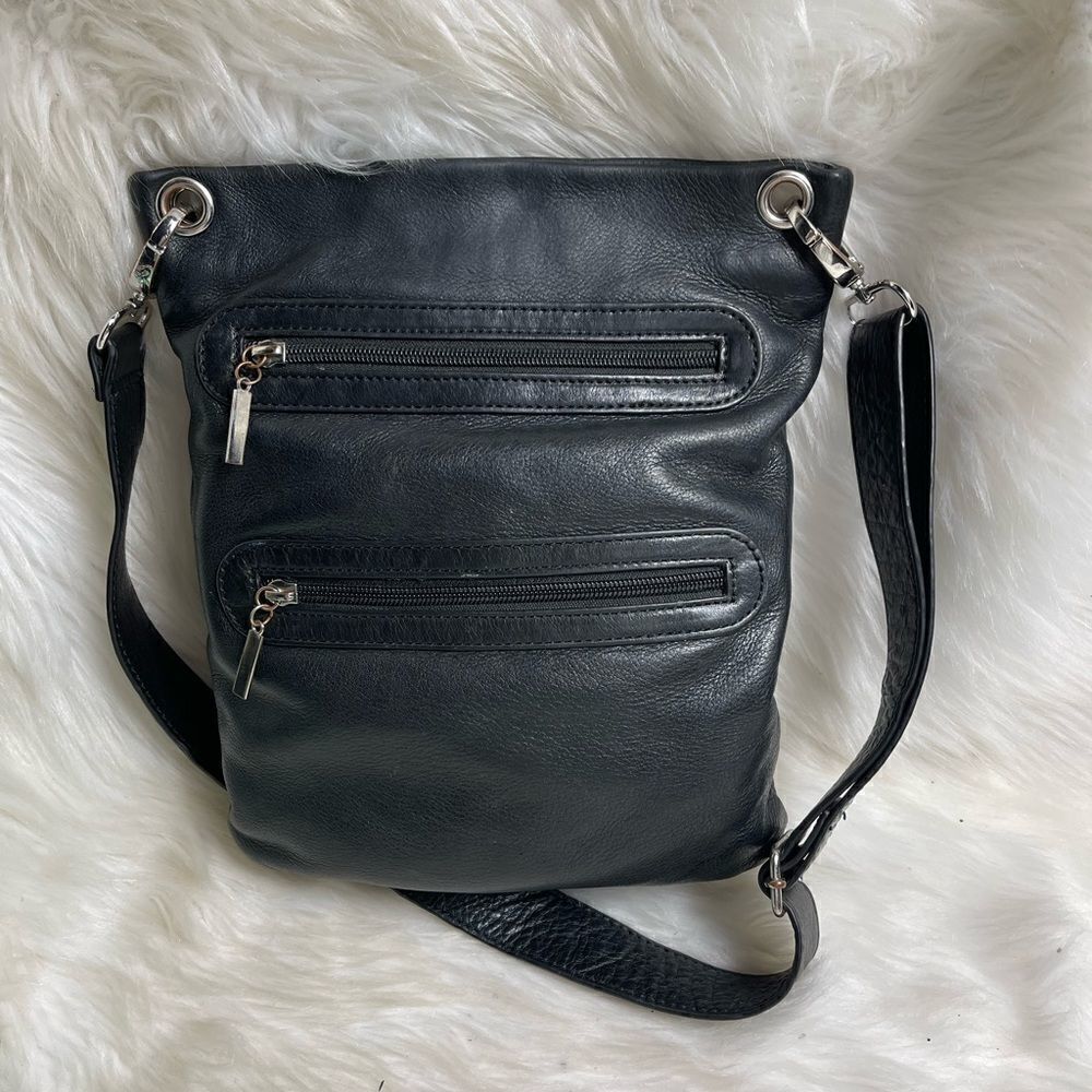 Margot black soft leather crossbody bag with silver tone hardwares.